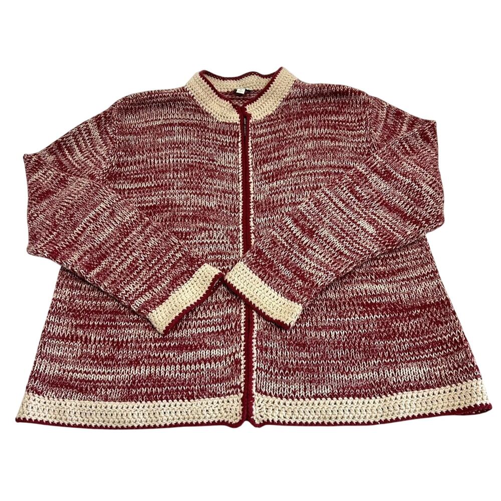 J. Jill Sweater Women's Cardigan Heathered Red Crochet Knit Zip Up Cotton Large